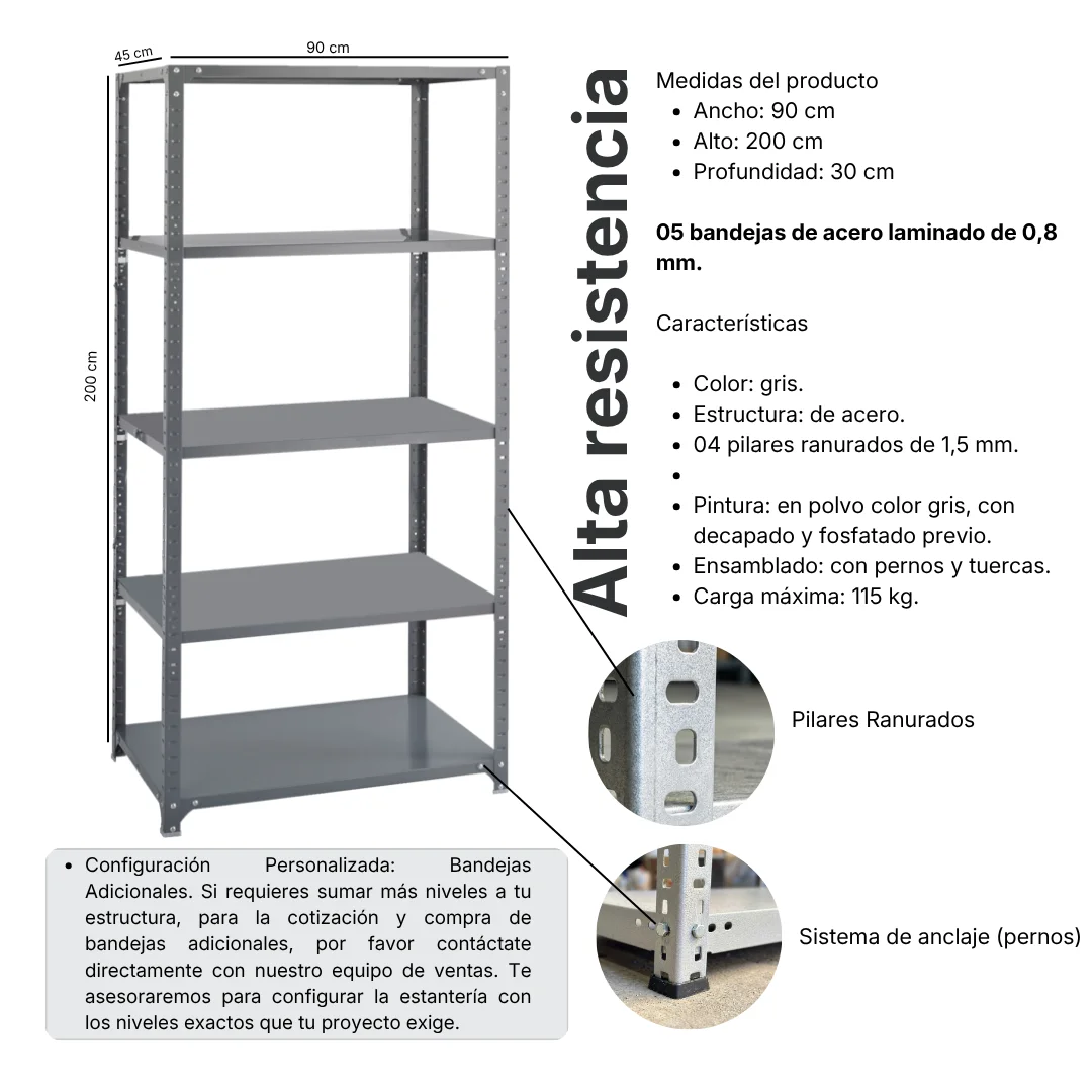 Estantería Alta resistencia Mecano Metálico 45X90x200 5B 3 Estantería Alta resistencia Mecano Metálico 45X90x200 5B